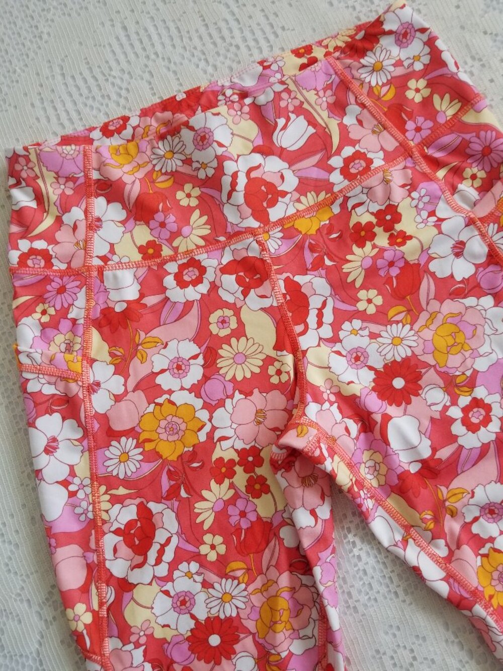 Retro Pink and Orange Floral Cropped Leggings Pockets L(12-14)